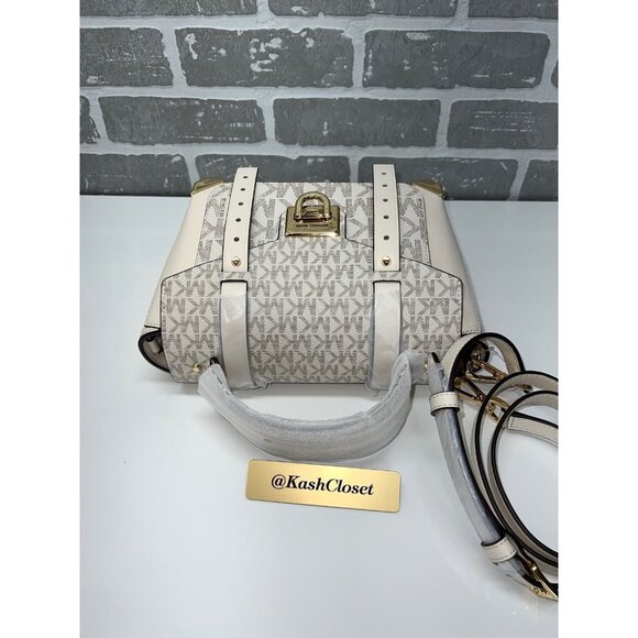 Michael Kors manhattan satchel purse medium MK signature bag light cream multi - Picture 5 of 9